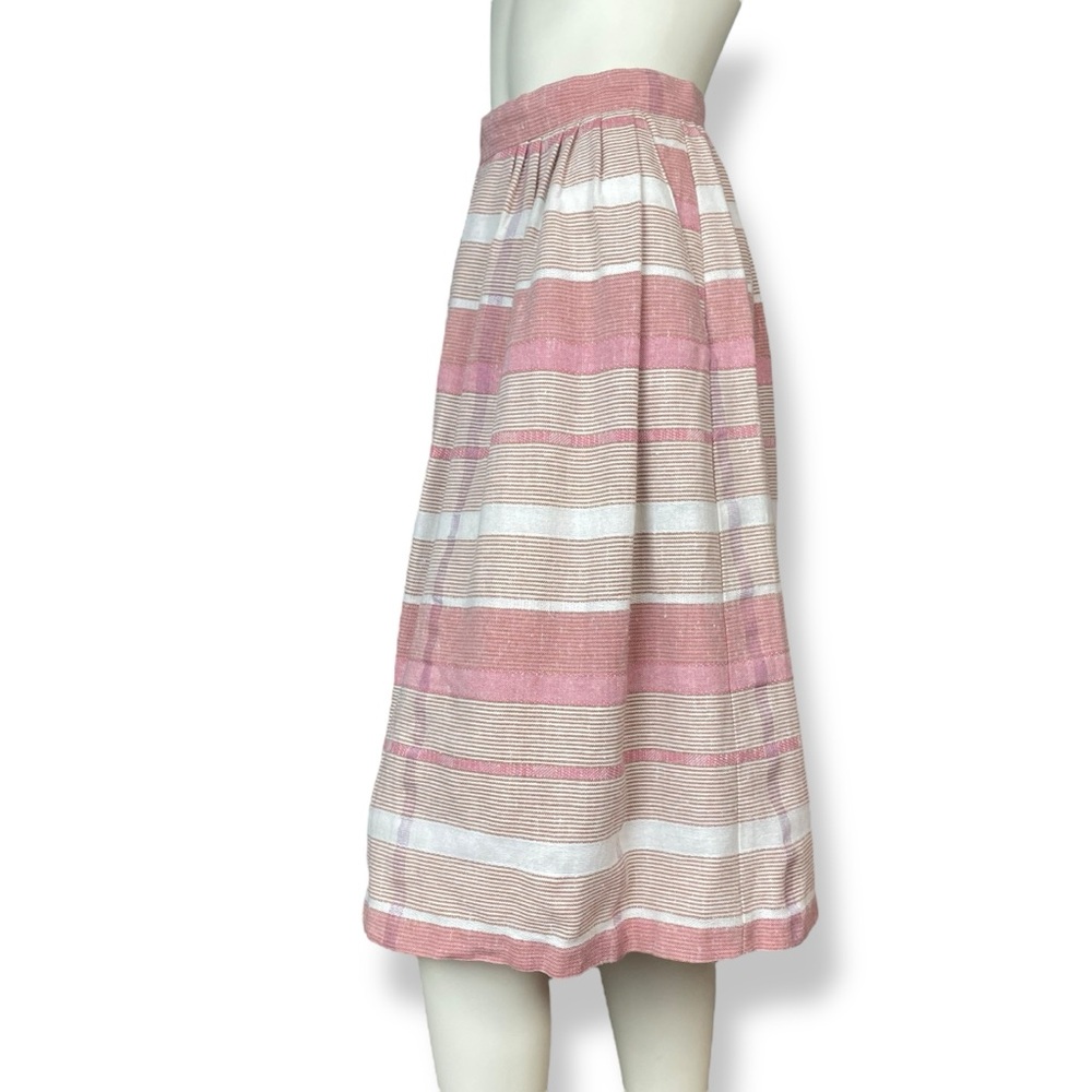 Vintage 80s Skirt Midi Stripes Pockets A-Line Pink White Retro Darts Gathered - Picture 3 of 16